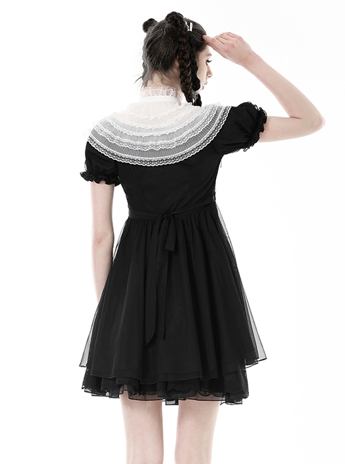 Black Woven Splicing White Waistcoat With Cross On The Front And Back Bow Tail Gothic Style Short Sleeved Dress