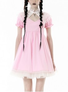 Pink Woven Splicing White Waistcoat With Cross On The Front And Back Bow Tail Gothic Style Short Sleeved Dress