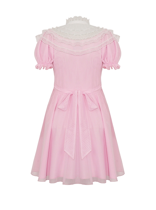 Pink Woven Splicing White Waistcoat With Cross On The Front And Back Bow Tail Gothic Style Short Sleeved Dress