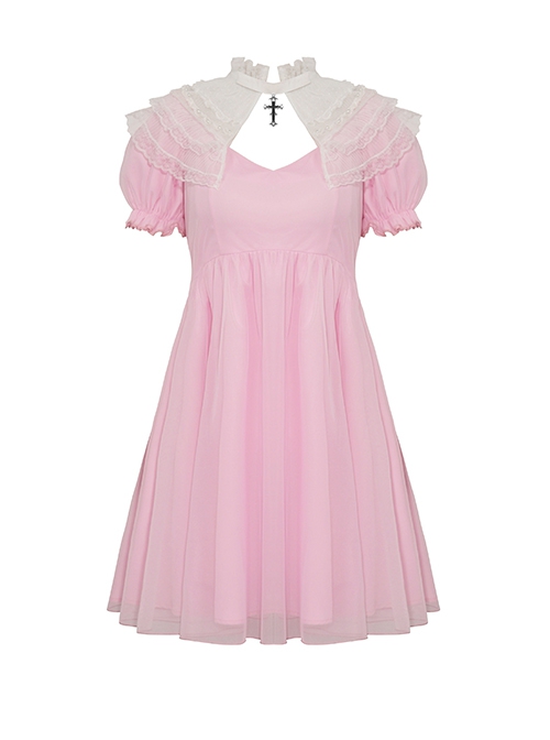 Pink Woven Splicing White Waistcoat With Cross On The Front And Back Bow Tail Gothic Style Short Sleeved Dress