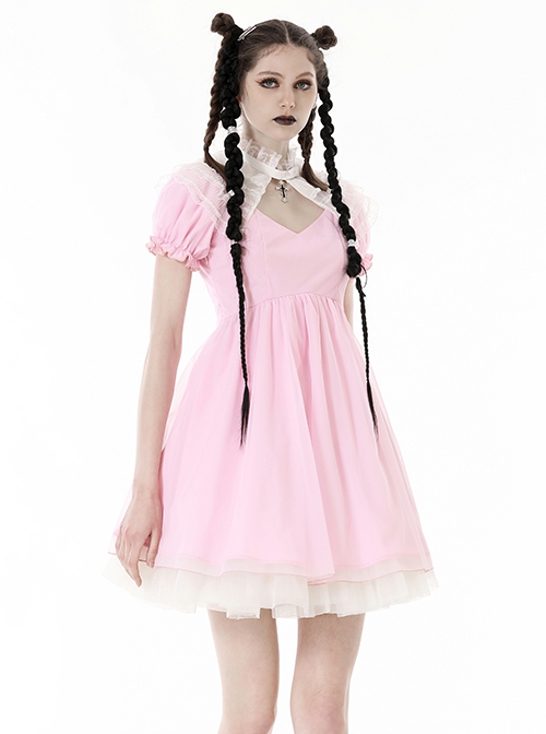 Pink Woven Splicing White Waistcoat With Cross On The Front And Back Bow Tail Gothic Style Short Sleeved Dress