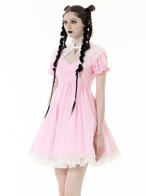 Pink Woven Splicing White Waistcoat With Cross On The Front And Back Bow Tail Gothic Style Short Sleeved Dress