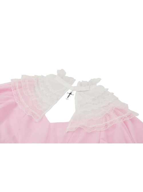 Pink Woven Splicing White Waistcoat With Cross On The Front And Back Bow Tail Gothic Style Short Sleeved Dress