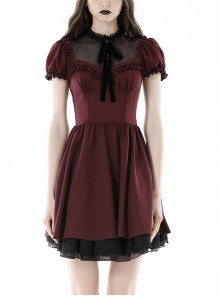 Red Dark Pleated Ruffled Mesh Neckline And Back Cross Webbing Decorated Gothic Style Short Sleeved Dress ​