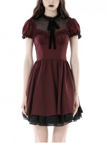 Red Dark Pleated Ruffled Mesh Neckline And Back Cross Webbing Decorated Gothic Style Short Sleeved Dress 