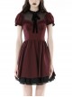 Red Dark Pleated Ruffled Mesh Neckline And Back Cross Webbing Decorated Gothic Style Short Sleeved Dress ​