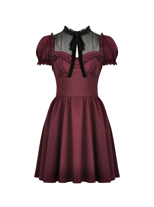 Red Dark Pleated Ruffled Mesh Neckline And Back Cross Webbing Decorated Gothic Style Short Sleeved Dress ​