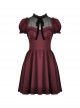 Red Dark Pleated Ruffled Mesh Neckline And Back Cross Webbing Decorated Gothic Style Short Sleeved Dress ​