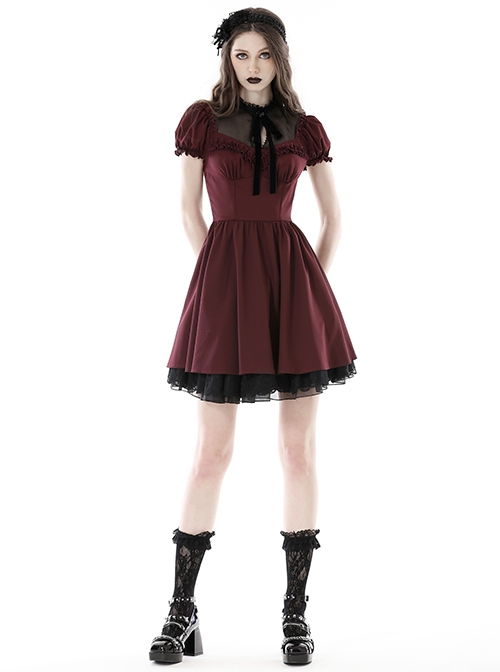 Red Dark Pleated Ruffled Mesh Neckline And Back Cross Webbing Decorated Gothic Style Short Sleeved Dress ​