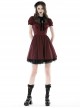 Red Dark Pleated Ruffled Mesh Neckline And Back Cross Webbing Decorated Gothic Style Short Sleeved Dress ​