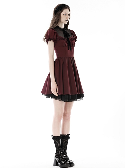 Red Dark Pleated Ruffled Mesh Neckline And Back Cross Webbing Decorated Gothic Style Short Sleeved Dress ​