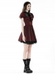 Red Dark Pleated Ruffled Mesh Neckline And Back Cross Webbing Decorated Gothic Style Short Sleeved Dress ​