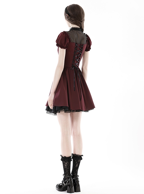 Red Dark Pleated Ruffled Mesh Neckline And Back Cross Webbing Decorated Gothic Style Short Sleeved Dress ​