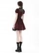 Red Dark Pleated Ruffled Mesh Neckline And Back Cross Webbing Decorated Gothic Style Short Sleeved Dress ​