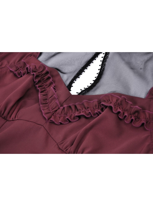 Red Dark Pleated Ruffled Mesh Neckline And Back Cross Webbing Decorated Gothic Style Short Sleeved Dress ​