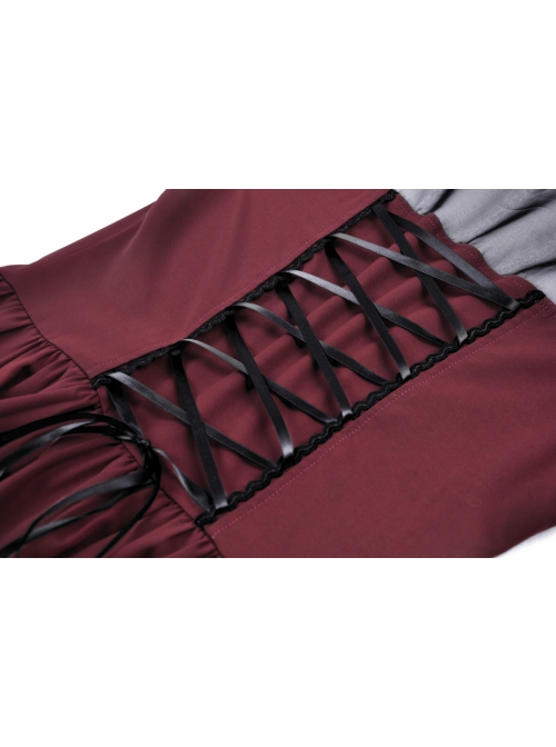 Red Dark Pleated Ruffled Mesh Neckline And Back Cross Webbing Decorated Gothic Style Short Sleeved Dress ​