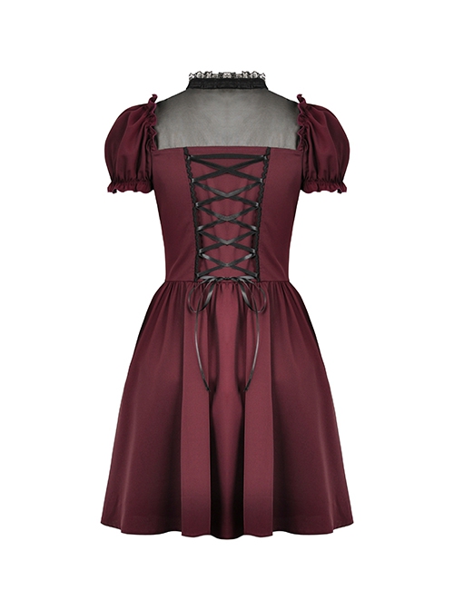 Red Dark Pleated Ruffled Mesh Neckline And Back Cross Webbing Decorated Gothic Style Short Sleeved Dress ​