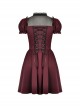 Red Dark Pleated Ruffled Mesh Neckline And Back Cross Webbing Decorated Gothic Style Short Sleeved Dress ​