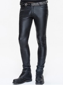 Black Basic Style Vertical Stripes Leather Tight Punk Pants