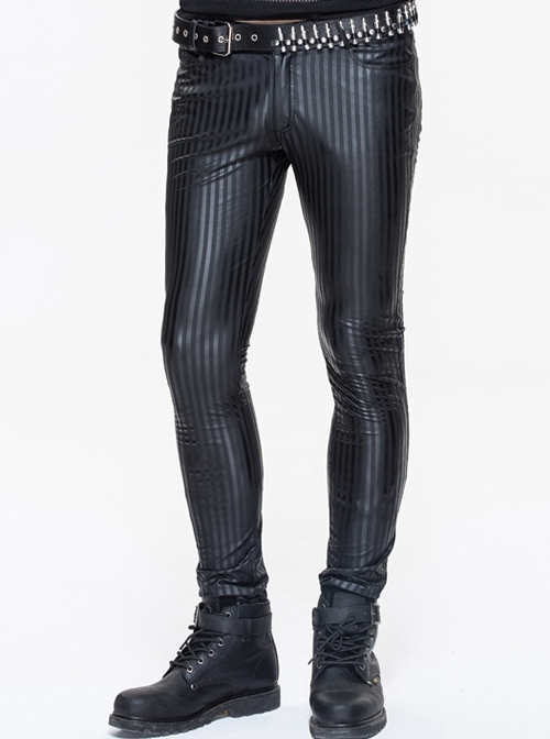Black Basic Style Vertical Stripes Leather Tight Punk Pants