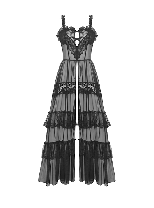 Sexy Black Front Heart Shaped Lace Mesh Gothic Style Extended See Through Dress