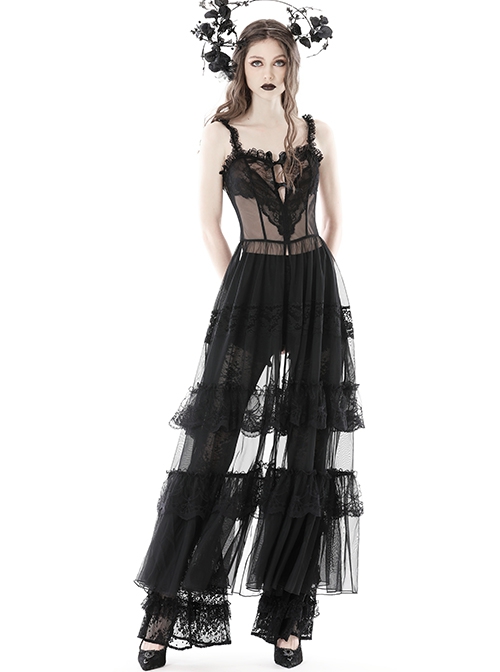 Sexy Black Front Heart Shaped Lace Mesh Gothic Style Extended See Through Dress