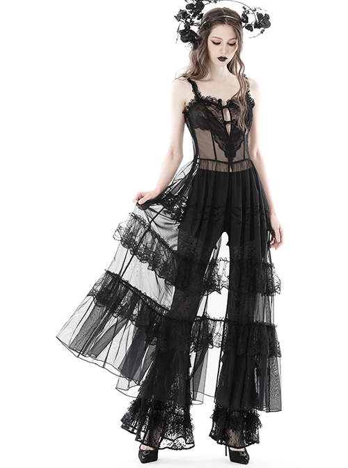 Sexy Black Front Heart Shaped Lace Mesh Gothic Style Extended See Through Dress