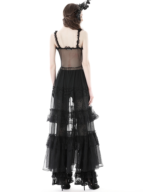Sexy Black Front Heart Shaped Lace Mesh Gothic Style Extended See Through Dress