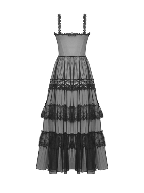 Sexy Black Front Heart Shaped Lace Mesh Gothic Style Extended See Through Dress