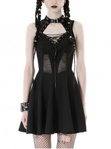 Black Sexy Hollow Mesh Front Chest Metal Eyelet Strap Decorated Gothic Style Sleeveless Dress