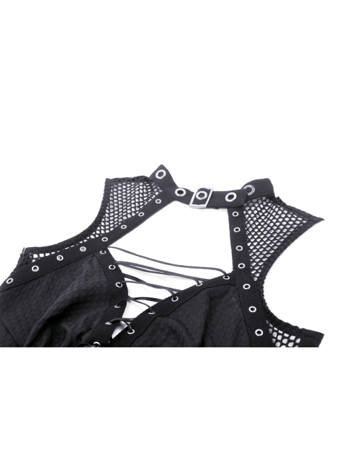 Black Sexy Hollow Mesh Front Chest Metal Eyelet Strap Decorated Gothic Style Sleeveless Dress