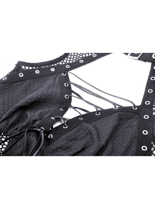 Black Sexy Hollow Mesh Front Chest Metal Eyelet Strap Decorated Gothic Style Sleeveless Dress