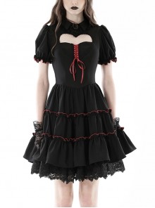 Black And Red Front Chest Cute Hollow Heart Shaped Pattern Frill Lace Up Gothic Style Short Sleeved Lapel Dress