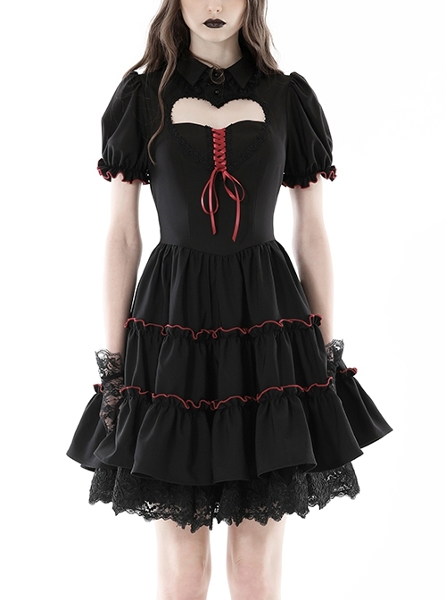 Black And Red Front Chest Cute Hollow Heart Shaped Pattern Frill Lace Up Gothic Style Short Sleeved Lapel Dress