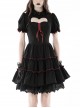 Black And Red Front Chest Cute Hollow Heart Shaped Pattern Frill Lace Up Gothic Style Short Sleeved Lapel Dress