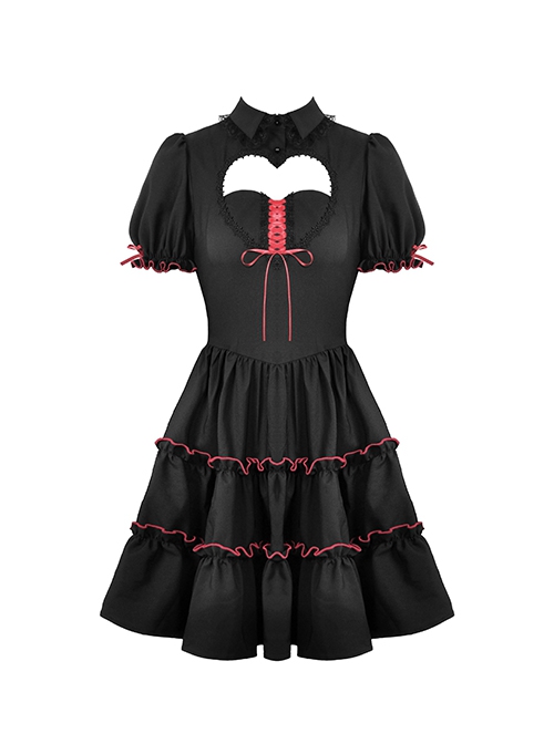 Black And Red Front Chest Cute Hollow Heart Shaped Pattern Frill Lace Up Gothic Style Short Sleeved Lapel Dress