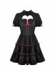 Black And Red Front Chest Cute Hollow Heart Shaped Pattern Frill Lace Up Gothic Style Short Sleeved Lapel Dress