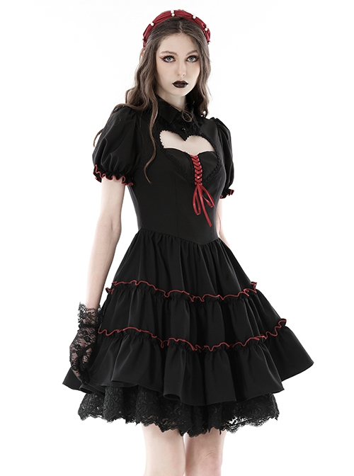 Black And Red Front Chest Cute Hollow Heart Shaped Pattern Frill Lace Up Gothic Style Short Sleeved Lapel Dress