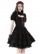 Black And Red Front Chest Cute Hollow Heart Shaped Pattern Frill Lace Up Gothic Style Short Sleeved Lapel Dress