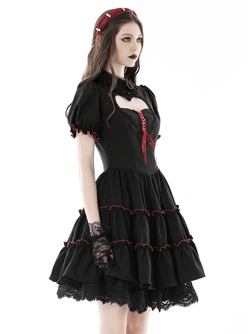 Black And Red Front Chest Cute Hollow Heart Shaped Pattern Frill Lace Up Gothic Style Short Sleeved Lapel Dress