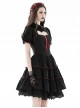 Black And Red Front Chest Cute Hollow Heart Shaped Pattern Frill Lace Up Gothic Style Short Sleeved Lapel Dress