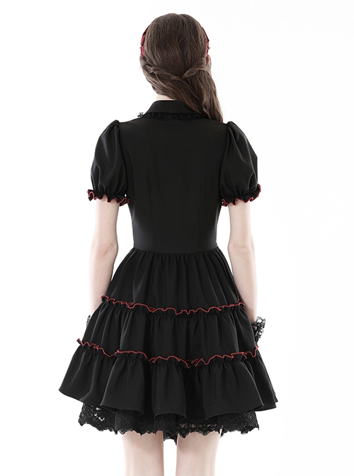 Black And Red Front Chest Cute Hollow Heart Shaped Pattern Frill Lace Up Gothic Style Short Sleeved Lapel Dress