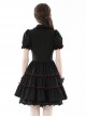 Black And Red Front Chest Cute Hollow Heart Shaped Pattern Frill Lace Up Gothic Style Short Sleeved Lapel Dress