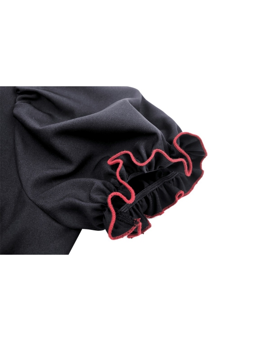 Black And Red Front Chest Cute Hollow Heart Shaped Pattern Frill Lace Up Gothic Style Short Sleeved Lapel Dress