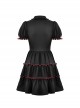 Black And Red Front Chest Cute Hollow Heart Shaped Pattern Frill Lace Up Gothic Style Short Sleeved Lapel Dress