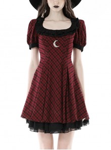 Red Devil Mesh Crescent Decorated Chest Ruffle Round Neck Gothic Short Sleeve Dress