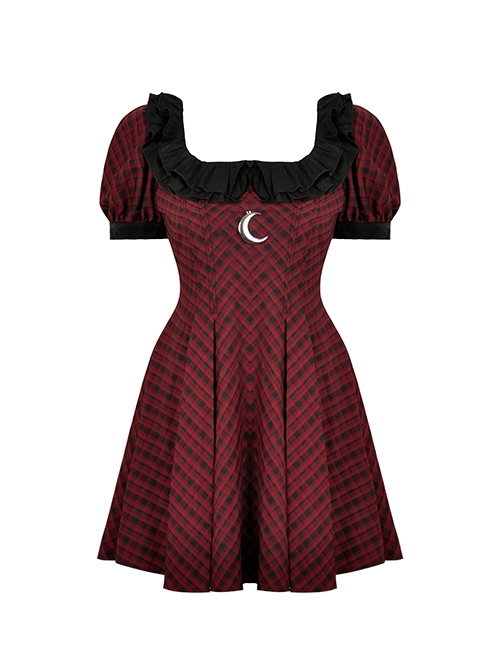 Red Devil Mesh Crescent Decorated Chest Ruffle Round Neck Gothic Short Sleeve Dress