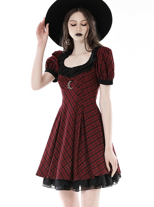 Red Devil Mesh Crescent Decorated Chest Ruffle Round Neck Gothic Short Sleeve Dress