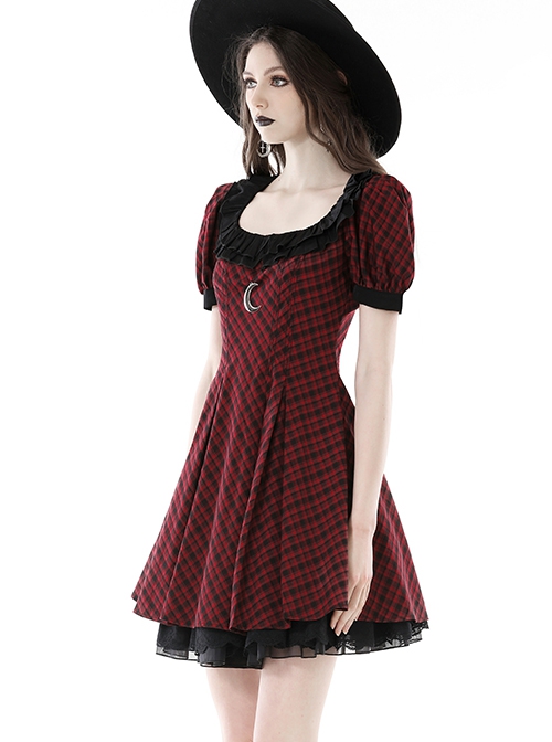 Red Devil Mesh Crescent Decorated Chest Ruffle Round Neck Gothic Short Sleeve Dress