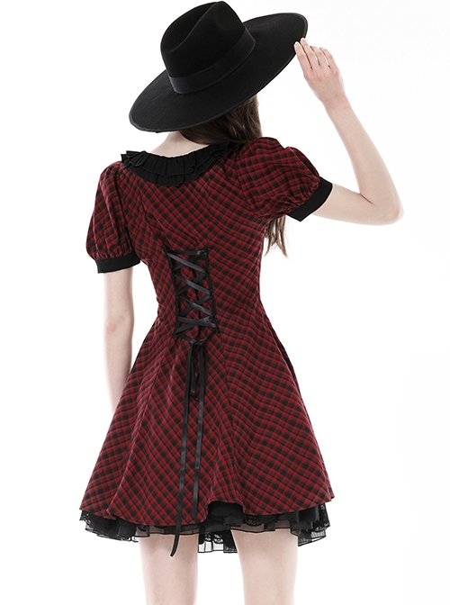 Red Devil Mesh Crescent Decorated Chest Ruffle Round Neck Gothic Short Sleeve Dress